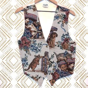Vintage 90s Tapestry Cat Dog Vest Size M Floral‎ V-Neck Button Front Cottagecore
